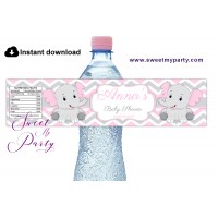 Pink Elephant Baby Shower water bottle labels,(10e)